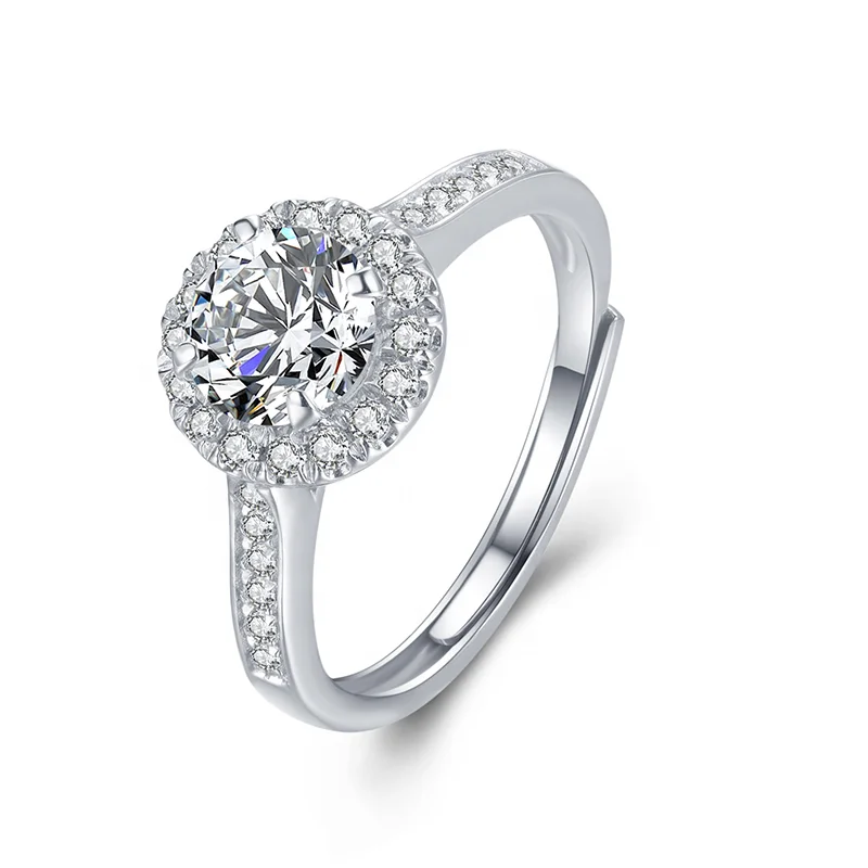 925 Sterling Silver Resizable round Moissanite Ring Trendy Prong Setting Rhodium Plated for Wedding Party or Anniversary