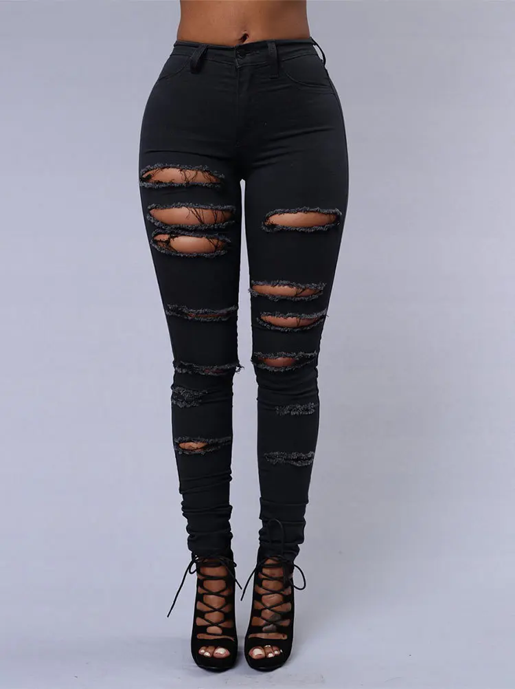 Fashion Women Jeans European Clothing Stretchy Skinny Ripped Jeans Mujer Pencil Pants Black White Jeans Women