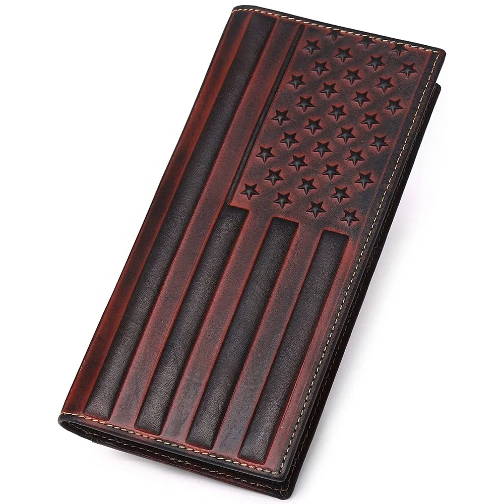 Cowboy Western Leather Wallet for Men US Flag Emboss Long Bifold Tooled Genuine Card