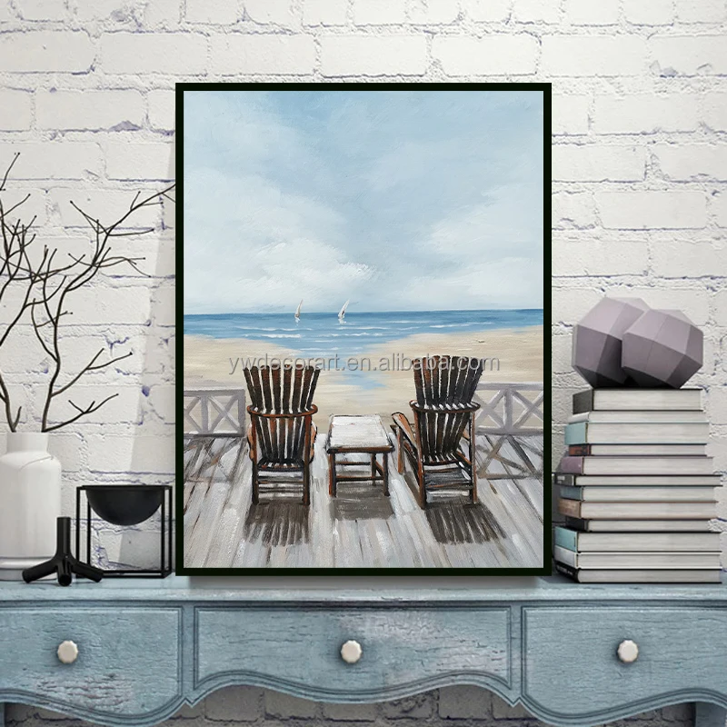 Coastal Canvas Wall Art Beach Chair Art Handmade Oil Painting Seascape Painting For Bathroom Home Wall Decor