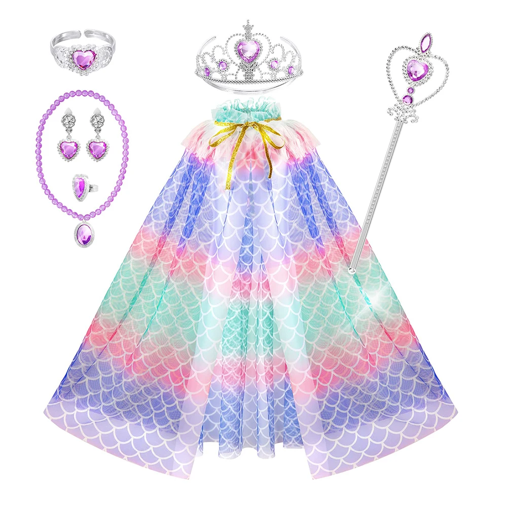 Princess Mermaid Cape Cloak Tiara Crown Wand Necklace Earrings Ring Bracelet Set for Kids Birthday Costume