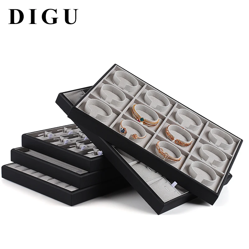 DIGU Wholesale Customized PU Leather Jewelry Display Tray Case Flannelette Bracelet Ring Necklace Earring Jewelry Display