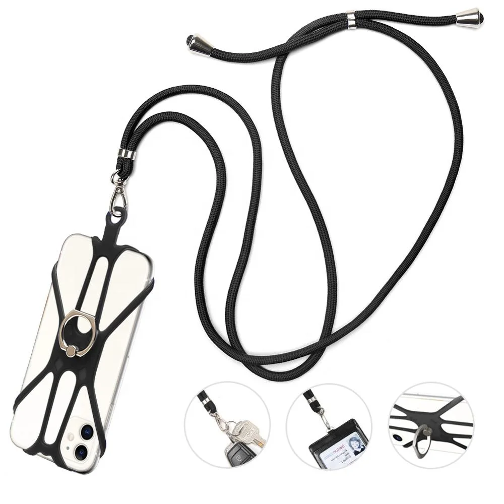wholesale multi-function Nylon Rope Necklace Phone Case elastic silicone lanyard cell phone holder with finger ring stand
