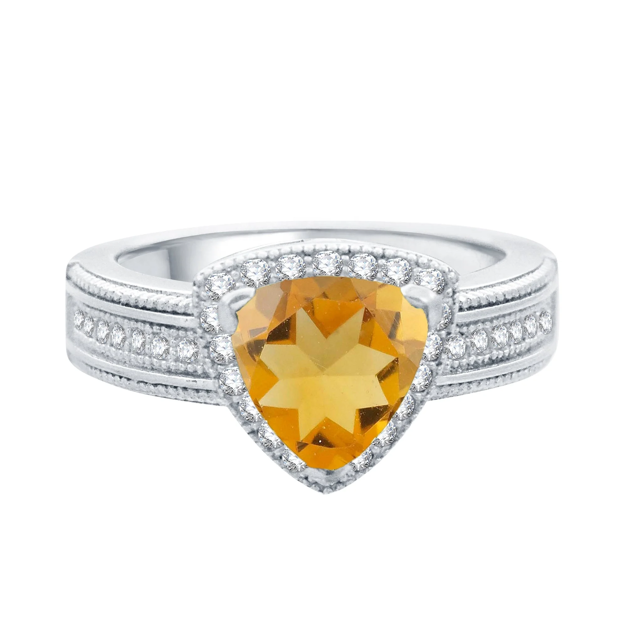 925 Sterling Silver Trillion Cut Natural Citrine And White Topaz Halo Ring