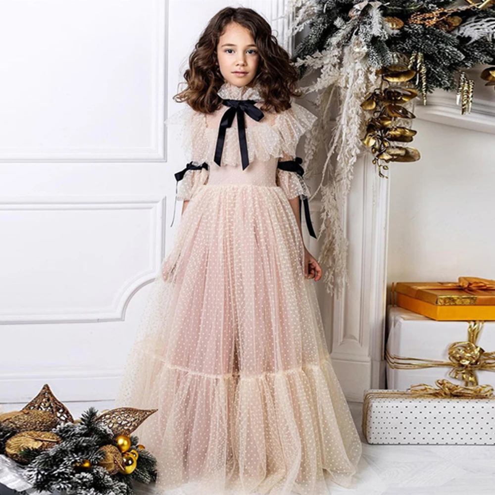 Polka dot Tulle Flower Girl Dresses Illusion Long Sleeves Girl Wedding Party Dress Lenth to Floor