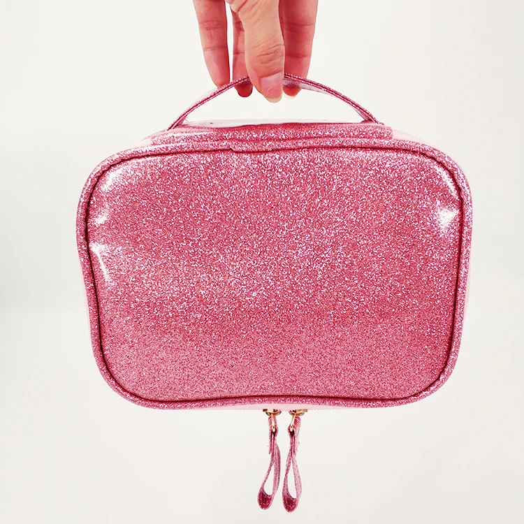 shiny glitter vintage cosmetic organizer pink PU leather makeup bags portable travel case wash pouch