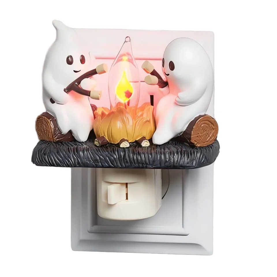 Cute Spooky Ghost Nightlight Flickering Flameless Campfire Candle in Resin Plug into Wall Lamp Anime Model Number