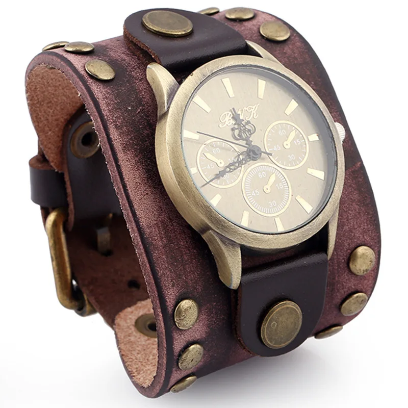 New  fashion vintage new style retro punk rock hand made  Genuine leather big strap watch bracelet cuff  for man adjustable