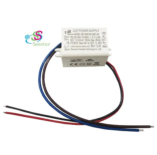 Seestar isolated AC220-240V DC12-24V 130mA 2W 3W 4W PF>0.8 flicker free TUV SAA CE CB ERP waterproof led wall light led driver