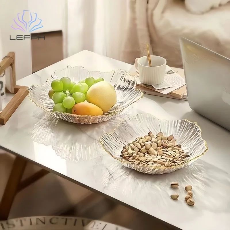 flower shape Light Luxury Creative gold rimmed Transparent clear tableware Glass Plate fruit salad dinnerware  for decor