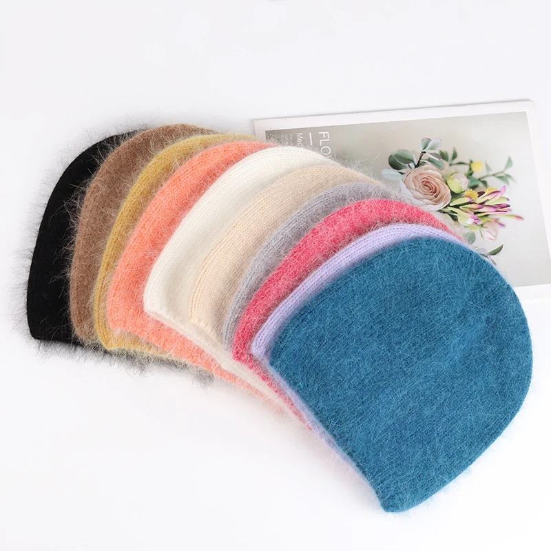 New Simple Rabbit Fur Winter Hat Soft Autumn Woman Warm Skullies No Cuff Beanie Cap With Custom Logo