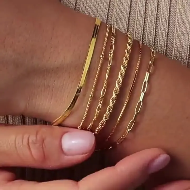 Waterproof Bohemian Minimalist Snake Chain Bracelets 18K Gold Plated Stainless Steel Cuban Chain Stackable Bracelet for Women