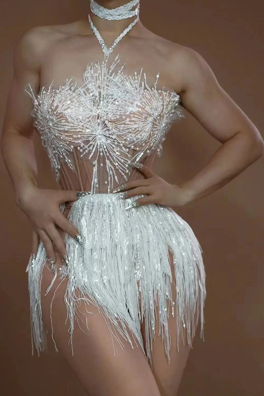 Vestido Sexy Pearl Sequin Tassel Strapless Prom Mini Dresses Elegant Backless Show Exotic Dancer Wear Women Night Club Dresses