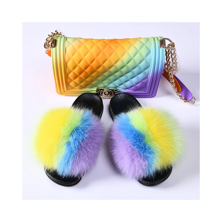 
Finely Processed Custom Multicolor Fur Slippers Purse Set For Women 