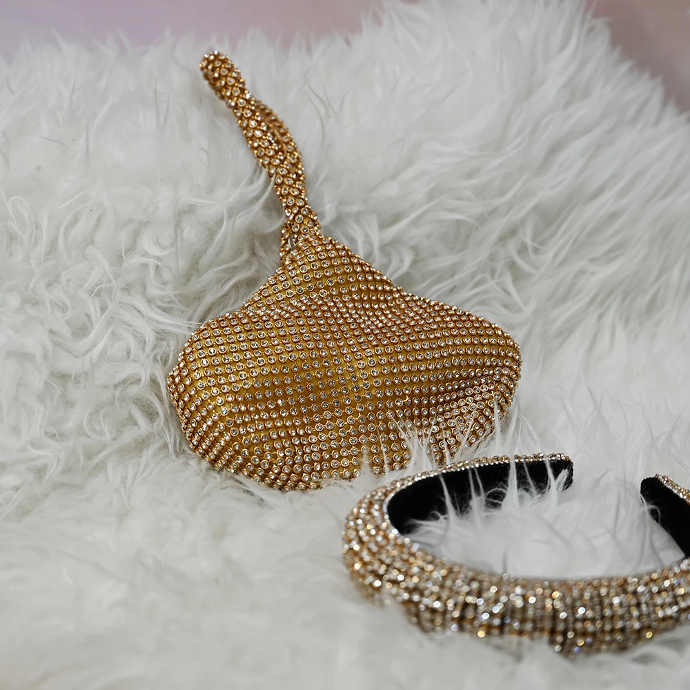 
2021 fashion evening handbags diamond bling bling matching headband and purse 