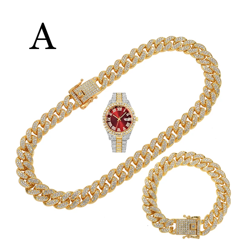 Watch Set Bling Fully Iced Out Silver Gold Blue Dial Quartz Diamond Watches Men Wrist Watch And Cuban Chains