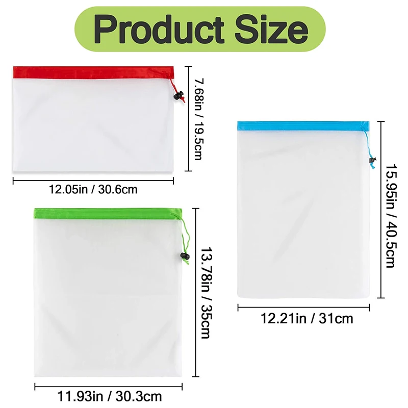 Eco-friendly Washable Nylon Mesh Fruits & Vegetables Storage Bags With Toggles & Top Trim