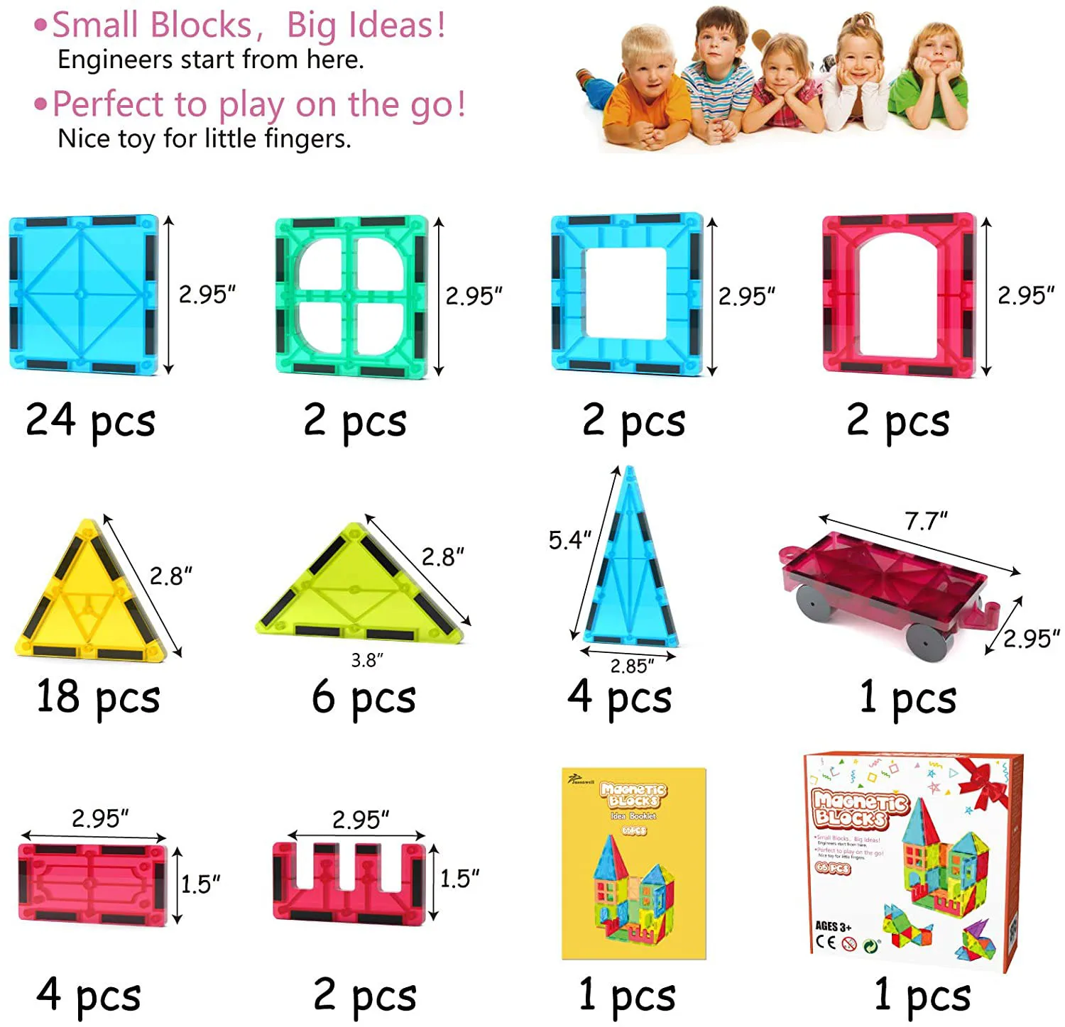 65 PCS Magnetic Tiles Building Blocks Set for Boys Girls Preschool Educational Construction Kit Magnet Stacking Toys for Kids