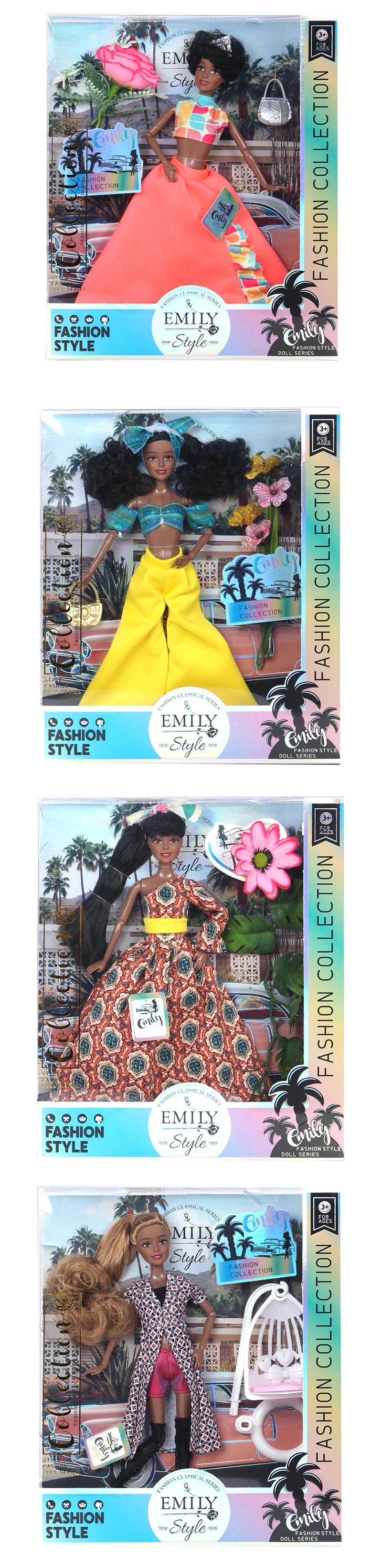 EMILY 11.5-inch 11 joint wearing plaid skirt, white shoes, brown long curly hair dolls for girls black best gift