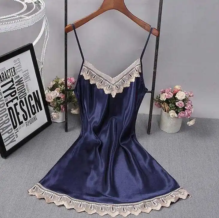New Pajamas female summer simulation silk sexy nightdress ladies summer lace sleeveless loose large size pajamas high quality