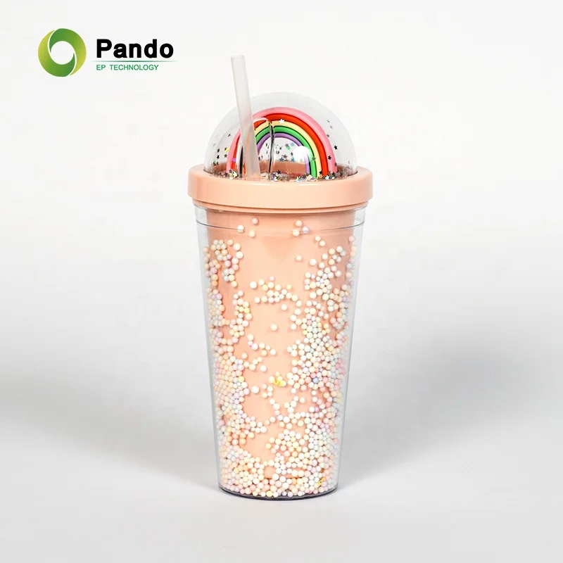 Travel Gift Double Wall 550ml Fashion Girl Transparent Mugs Rainbow Reusable Plastic Cups With Lid And Straw