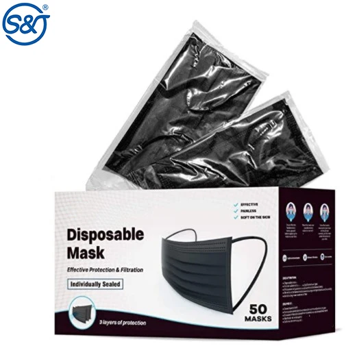 S&J CE EN14683 Good Quality Breathable Disposable Black Face Mask 3 ply Medical Surgical Mask Black