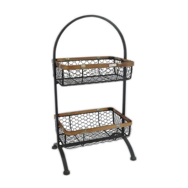 Antique Double-deck Black Paint Iron Bamboo Storage Baskets