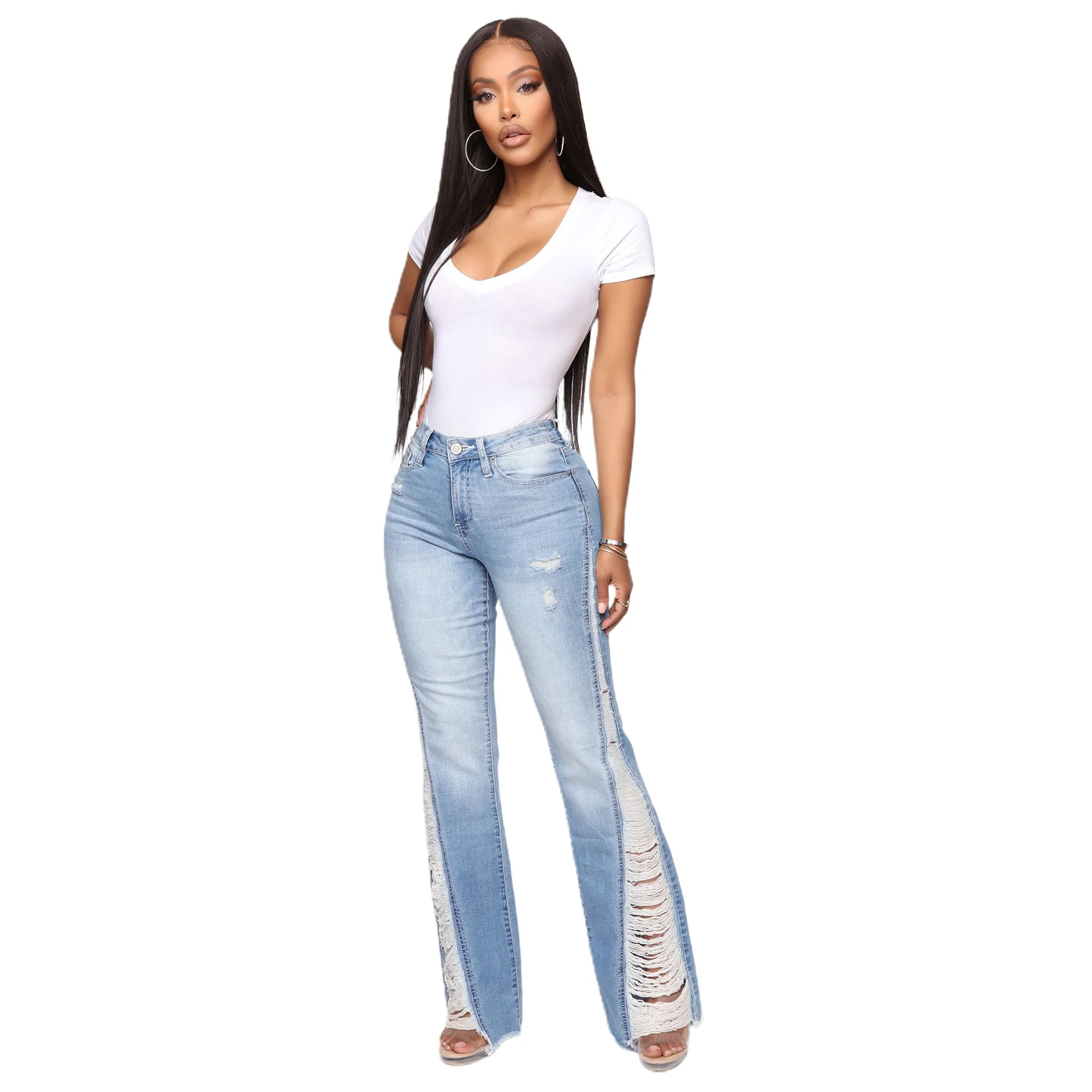 Ladies Plus Size Slim Fit Pants Stretch High Waist Fringe Lady Pants Ladies Denim Jeans Femme Pants Skinny ripped jeans women