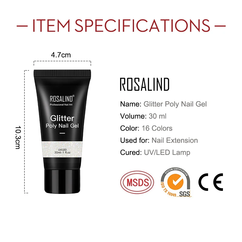 Rosalind oem your logo organic disco party glitter hard nail extensions glue wholesale extend poly nailpolish uv lamp gel polish