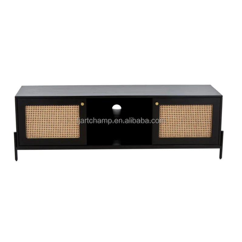 Flat Pack Furniture Nordic Black Modern Rattan TV Table Lift Cabinet With Doors and Metal Legs
