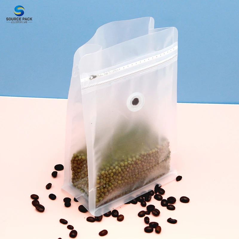 In Stock Matte Frosted Transparent Coffee Bean Packaging Zipper Bag Clear Flat Bottom Bags With Valve