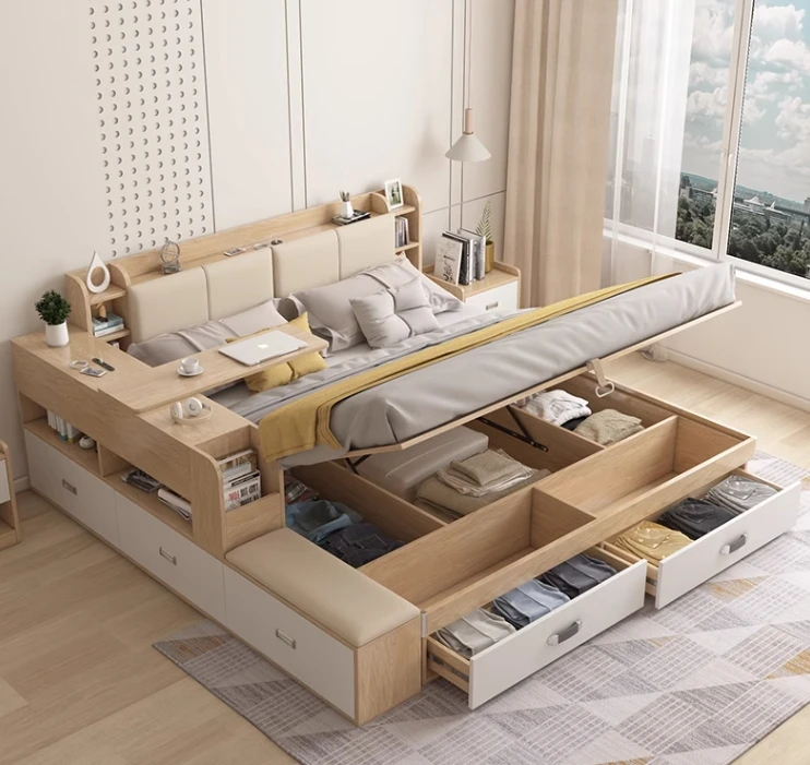 Wholesale nordic single full couple Luxury bed full size bedroom sets modern wooden furniture solutions with large storage