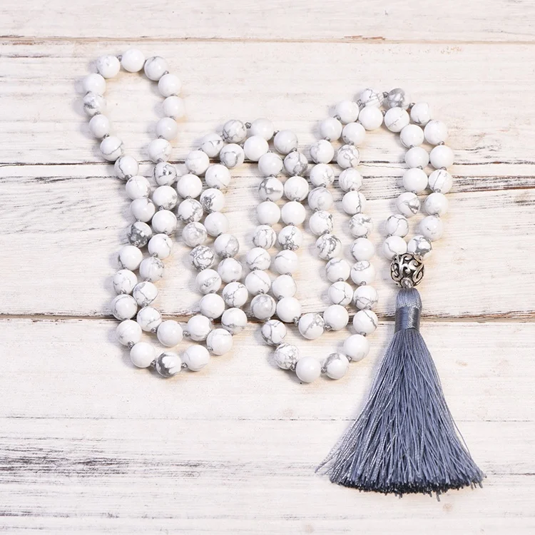 2024 Yoga Mala Beads 108 Necklace 8mm White howlite stone Knotted Necklace Handmade Tassel Necklaces Yoga Jeweley