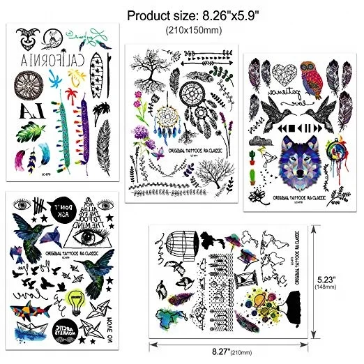 Custom Adhesive Four Color Printing Tatoo Sticker Water Transfer Owl Fox Head Plumage Bird Animals Body Art Temporary Tattoo