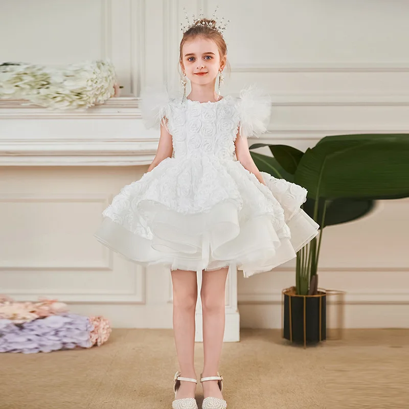 2024 Newest Princess White Ball Gown Stereoscopic Rose Fairy Girls Host Piano Performance Birthday Party Elegant Puffy Dresses
