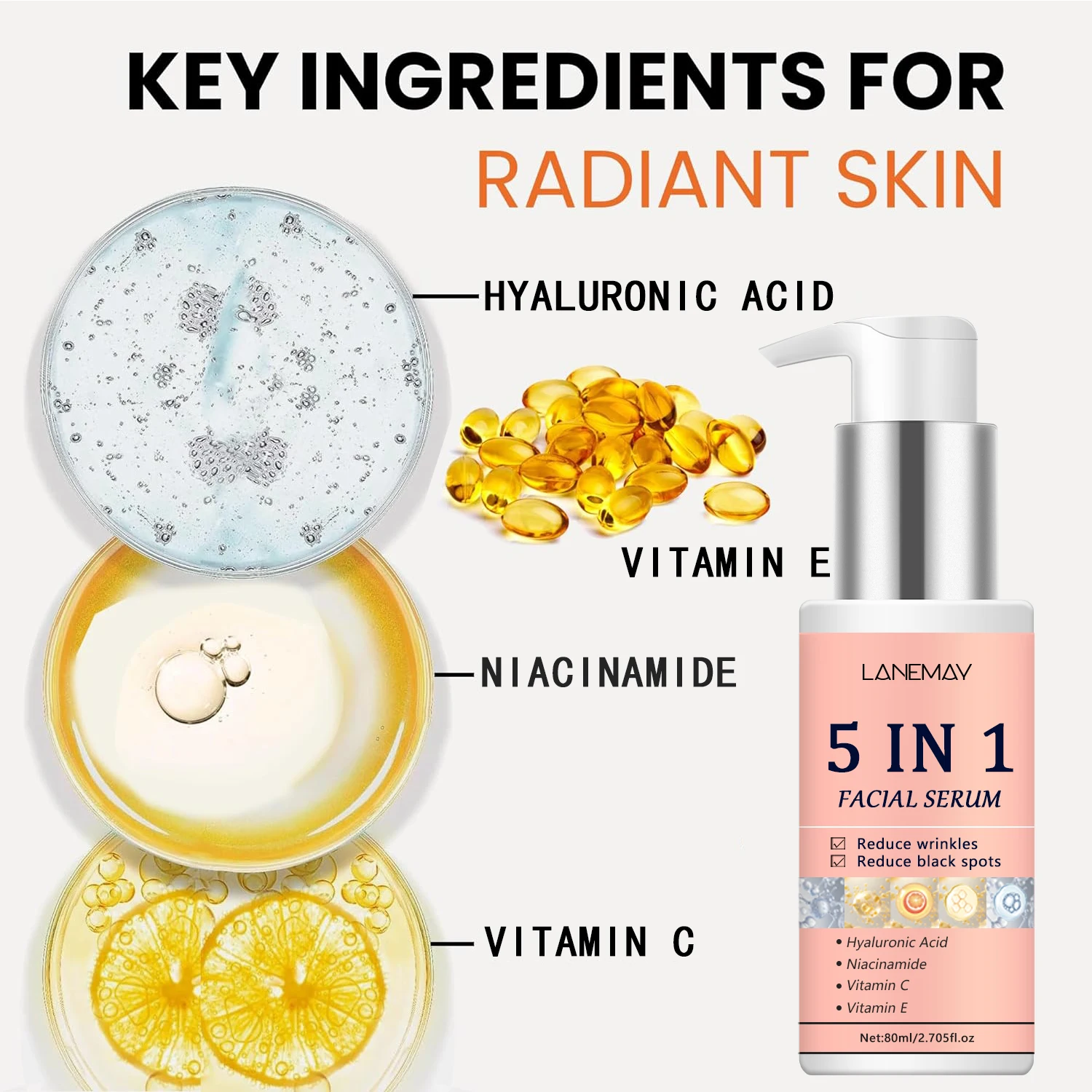 Beauty Products 5 IN 1 Anti-aging Serum Whitening Brighten Collagen Hyaluronic Acid Niacinamide Vitamin C E Serum Face Glowing