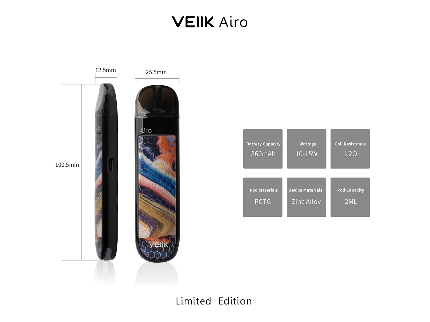 
VEIIK Airo refillable vape cartridge pod vape with 3D tempered glass sticker panels 