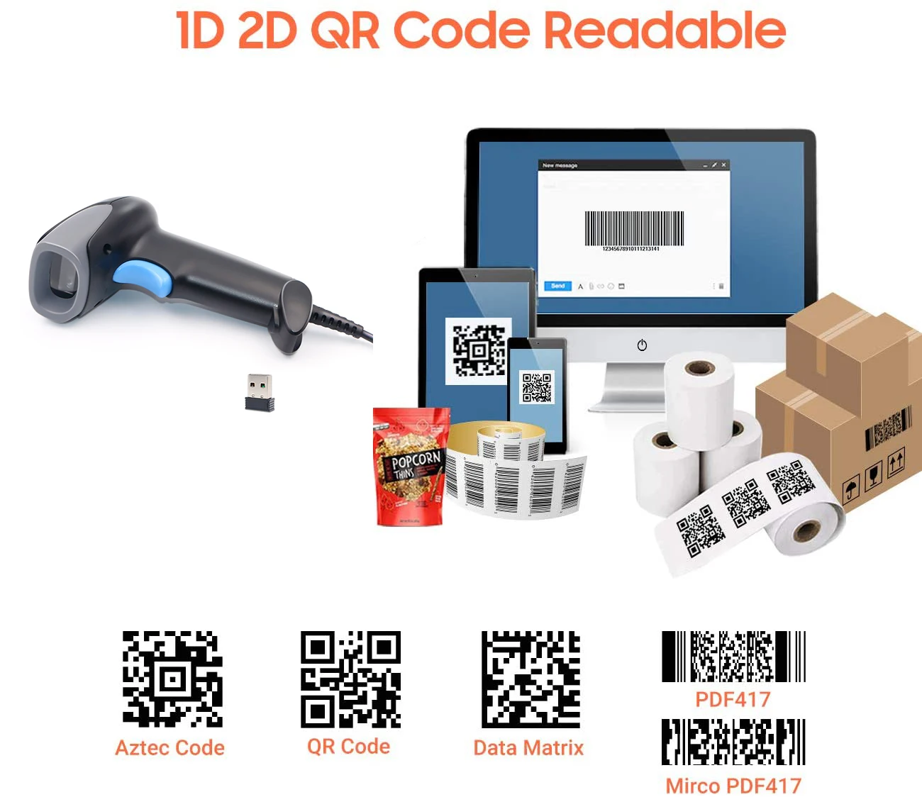 YOKO Bluetooth 2D 1D Barcode Scanner, Handheld Wireless USB  Barcode Reader Auto Sensing with stand