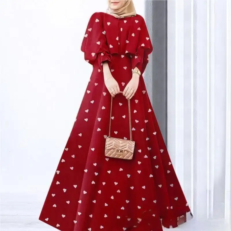 New Women Muslim Fashion Long Dresses Printed Love Cuff Drawstring Cape Women Muslim Elegant Dress