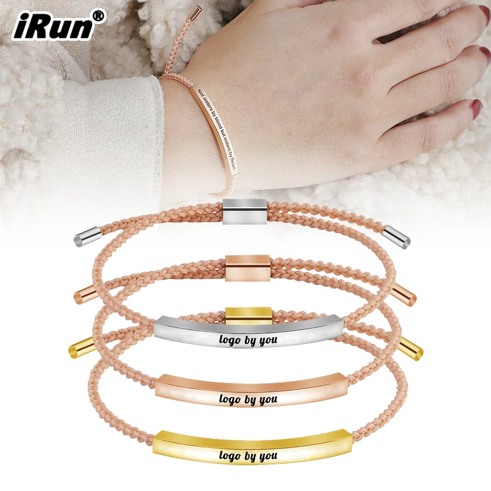iRun Personalized Message Engraved Printed Logo Words Color Rope Adjustable Bracelet Stainless Steel Friendship Bracelets