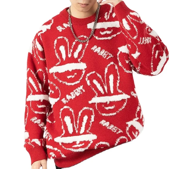 Custom 2023 sweater unisex Pullover Sweater Winter Men Knitted Polyester Acrylic Ugly crewneck sweater red Customized