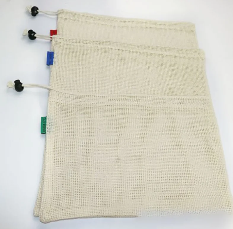 In stock recycled eco friendly cotton mesh bag,mesh drawstring bag,mesh bags for fruits and vegetables