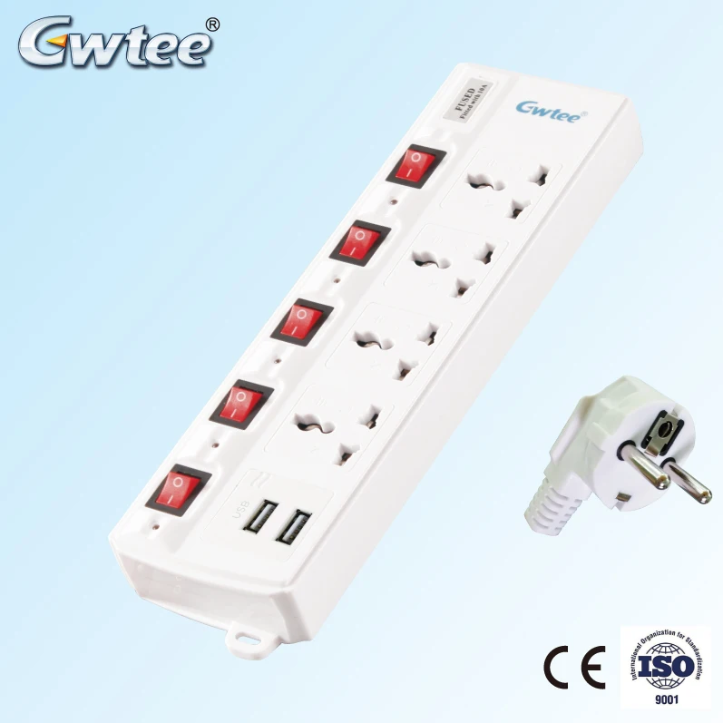 5 gang universal fuse surge protection power electric extension sockets with protector tube