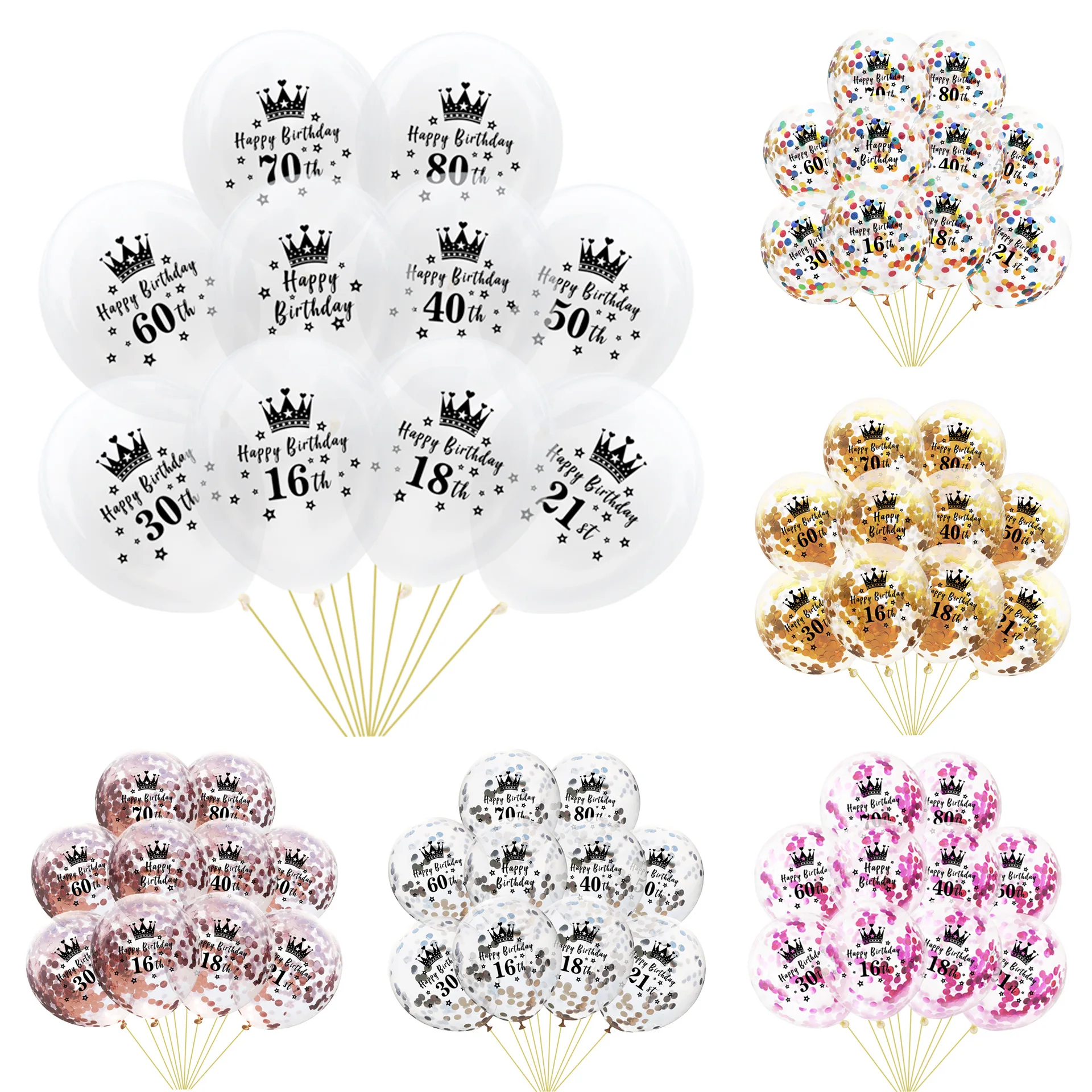 
Factory wholesale 12inch latex Confetti Ballon with 21th 30th 50th happy birthday crown for birthday party 