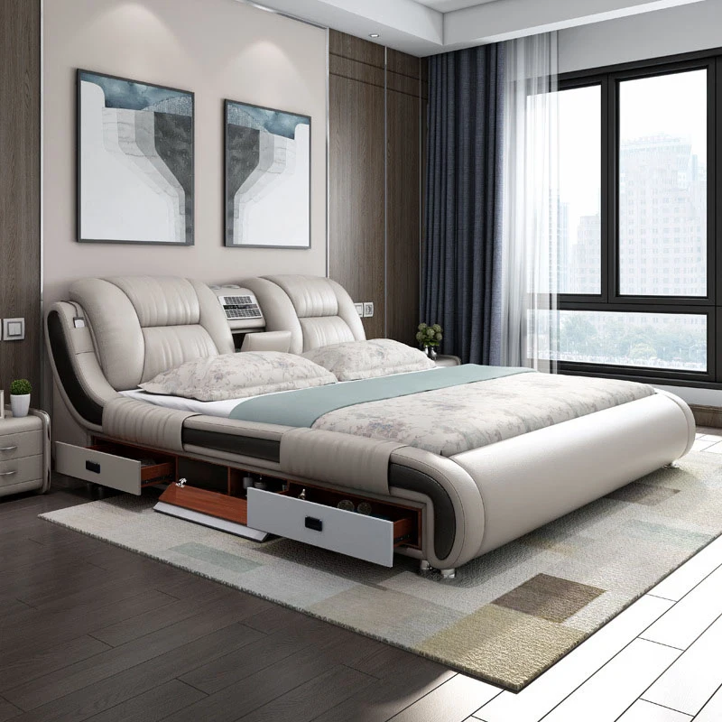New Design Multifunctional King Size Smart Luxury Bed Bedroom Set Furniture Modern Queen Size Smart Leather Bed With Massage