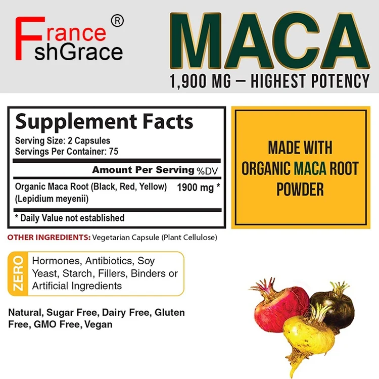 Organic Maca Root Powder Capsules 1500 mg with Black Red Yellow Peruvian Maca Root Extract Supplement for Men and Women