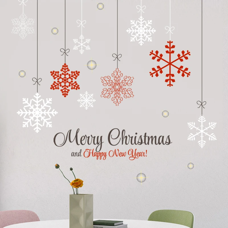 Merry Christmas White Red Snowflake Wall Sticker Creative Living Room Wallpaper Self Adhesive TV Background Decorative Decals