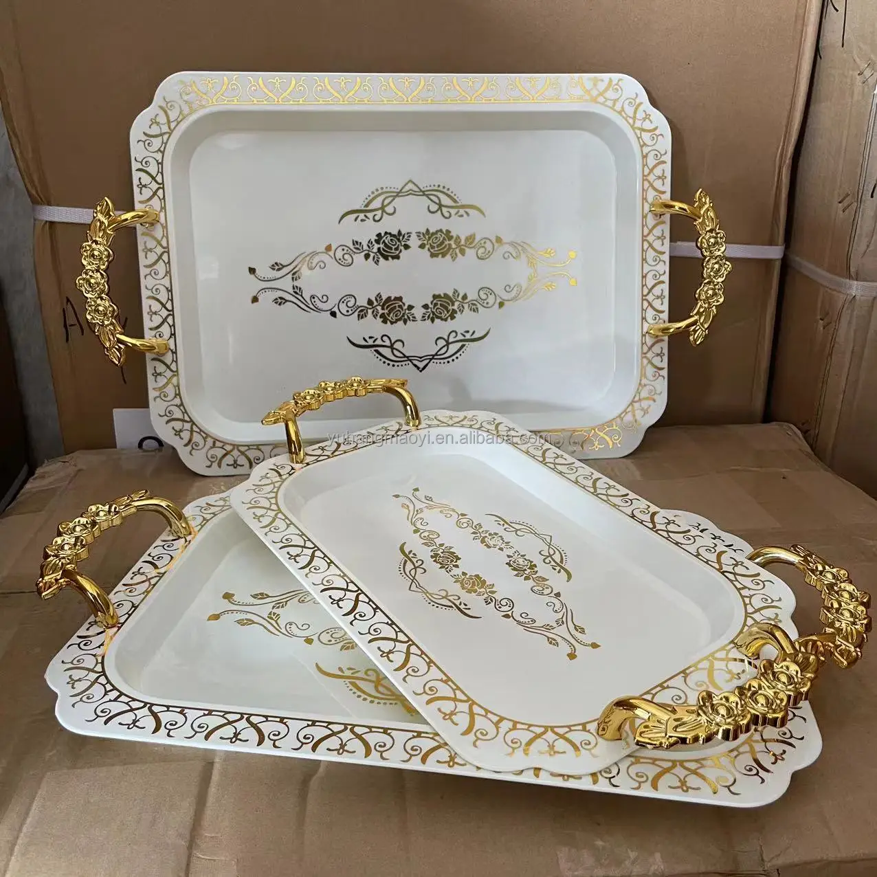 3 IN 1 Exquisite Plastic Storage Fruit Tray Household Snack Plate Tea Set Tray With Gold Handle For Wedding Party Restaurant