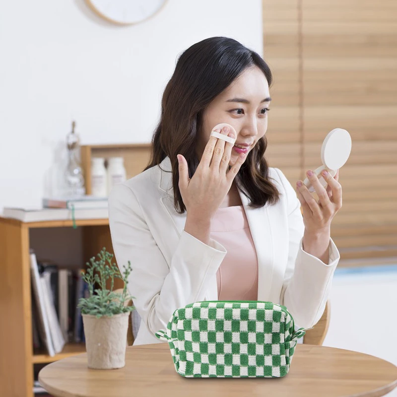 Knitting Plaid Makeup Zipper Pouch Polyester Lining Large Capacity Cosmetic bag