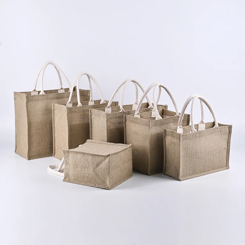 Eco Laminated Canvas Jute Bag Reusable Linen Beach Burlap Tote Bags Hessian Shopping Tote Bags with Custom Logo for Advertising